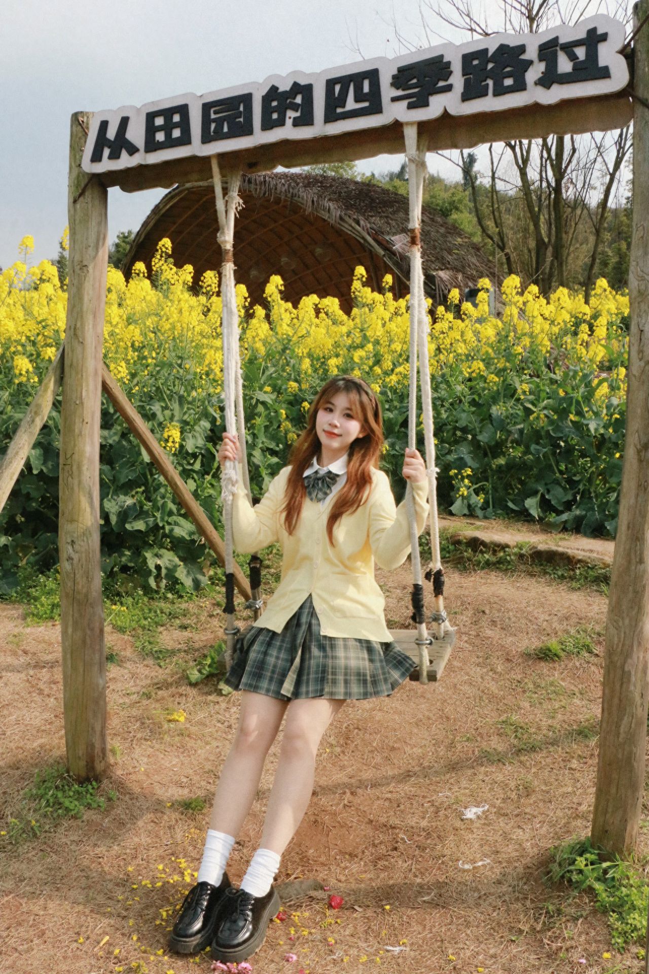 The model sits on the swing, can stretch out their legs to appear more proportional. The model should be positioned about 2 meters away, with rapeseed flowers as the background. The photographer needs to capture the entire figure, the entire swing, and the rapeseed flowers in the background to enrich the frame.

1. The best time is from 9 to 11 am for soft light, and from 4 to 6 pm for stunning backlighting! Avoid direct sunlight at noon.
2. The flowering period is short, so take action quickly!