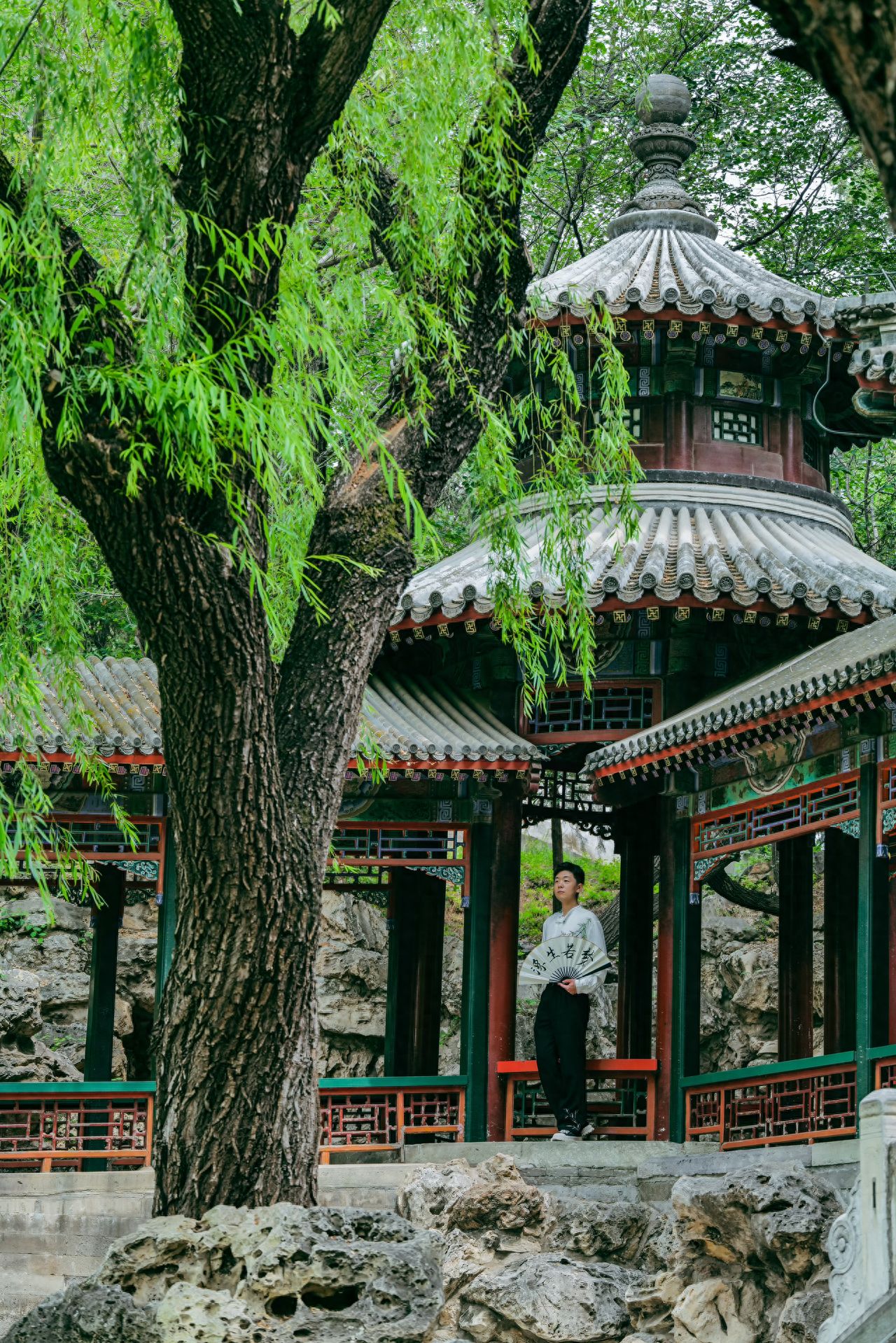 The model stands inside the pavilion, while the photographer stands at a slight distance, capturing the shot from a slightly low angle, using the tree trunks and pavilion to create a three-dimensional composition. Employing a foreground composition + frame composition, with willow branches and tree trunks as the foreground, and the pavilion's frame structure highlighting the subject, adding depth to the image. The recommended focal length is 120mm for cameras/5x for smartphones, compressing the sense of space and emphasizing the cultural atmosphere of the subject and background.

1. Pose for the shot: The model stands naturally with the body slightly turned, hands crossed, adding a sense of tranquility to the image.

2. Travel tips: The Xiequyuan Garden is less crowded in the early morning with soft lighting. After rain, the wet pavilion appears more antique, and the ripples on the water's surface fill the scene with poetic charm. During the morning or afternoon, when sunlight slants, the pavilion's light and shadow changes are rich, using these to add depth to the photo and capture images of people interacting with light and shadow. It's advised to avoid weekends and holidays and enter the garden early.

3. Photography props: It is recommended to use a small aperture (e.g., f/8 - f/16).

4. Clothing suggestions: Wearing traditional Hanfu or ancient-style clothing for photos complements the atmosphere of the ancient pavilion, enabling the capture of photos full of charm.