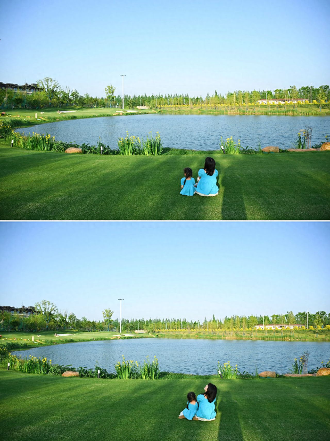 The photographer stands behind the subject, aligning the camera with the subject's head at eye level for a frontal view. In terms of composition, place the subject slightly off-center at the bottom of the frame, using the lines formed by the person, lake, grassland, and trees to guide the viewer's gaze into the distance; the lake serves as the midground to balance the overall composition. Use a mid-range focal length to clearly capture the details of the figure, grassland, and lake, avoiding image distortion. Travel tip: It is recommended to travel on a sunny day.