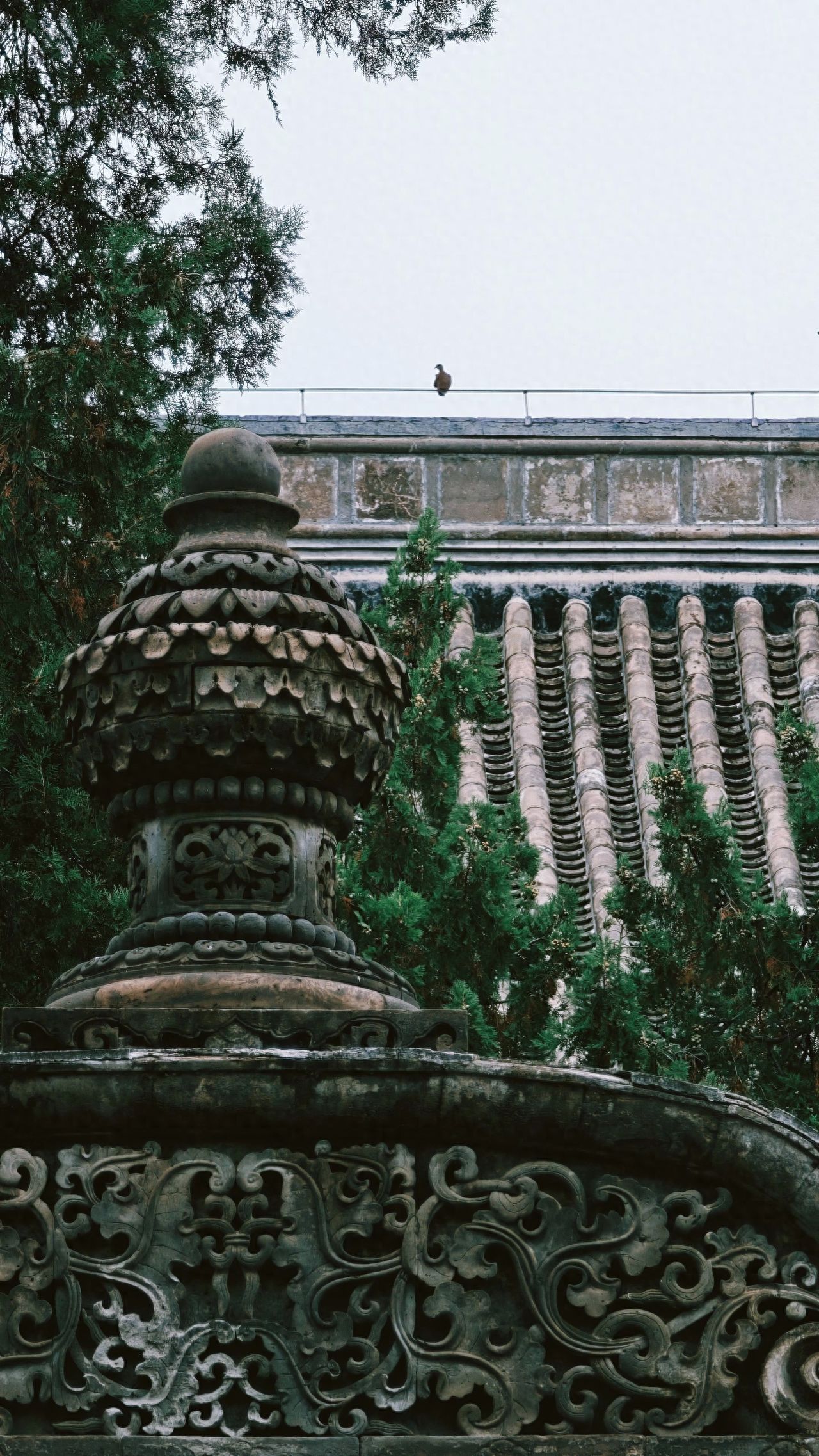 Photo by Beijing Wanshou Temple - Carved Incense Burner and Greenery on Temple Roof