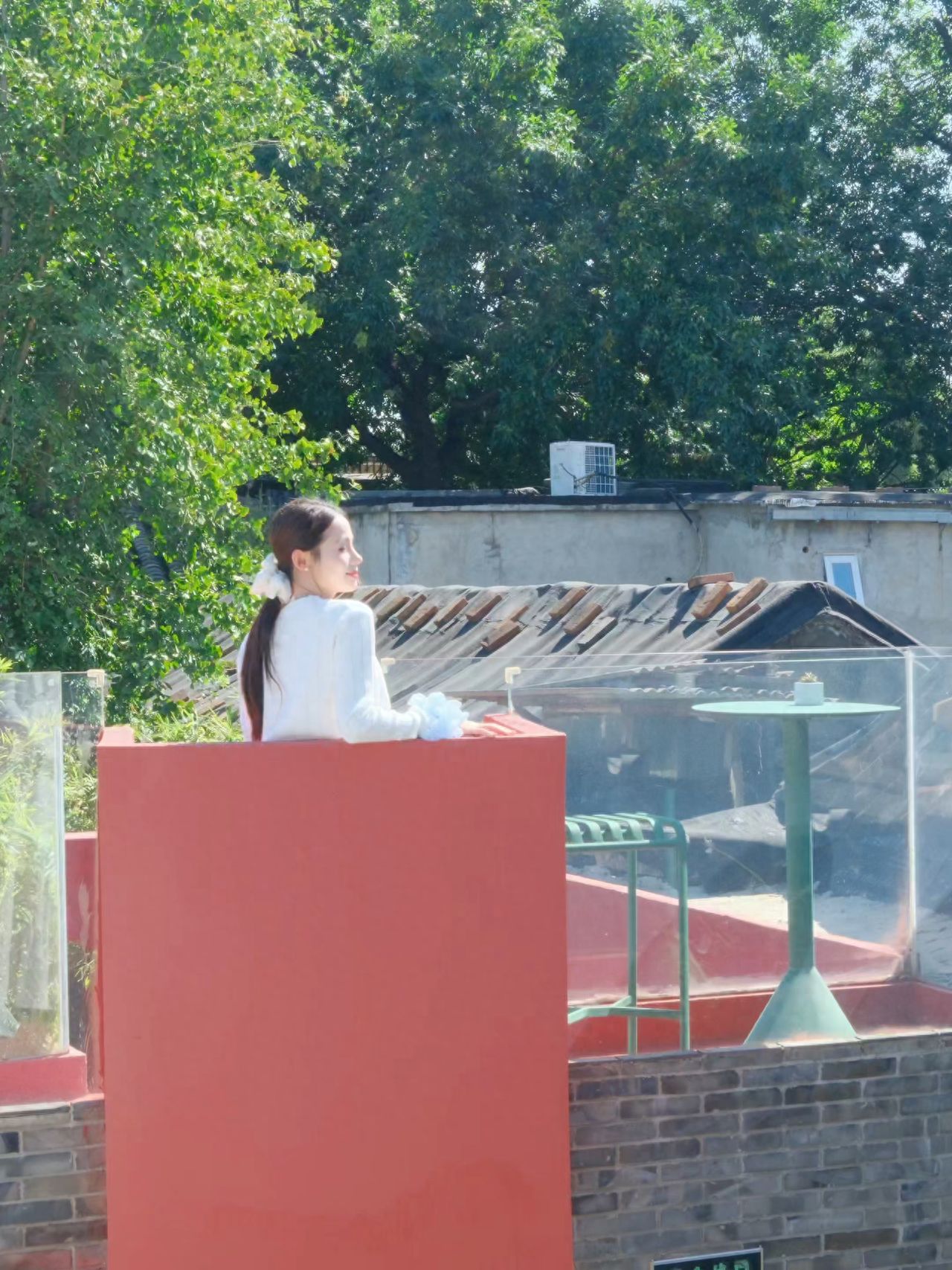 The model stands inside the fence, with the photographer positioned diagonally in front of the model, approximately 8 meters away, using the red staircase as the background for a slightly side-profile shot.
①Pose for the photo: The model leans against the fence, with one hand resting on it and the head slightly turned.
②Travel suggestion: The venue functions as a restaurant during the day and a bar at night, with the terrace closing after 18:00.