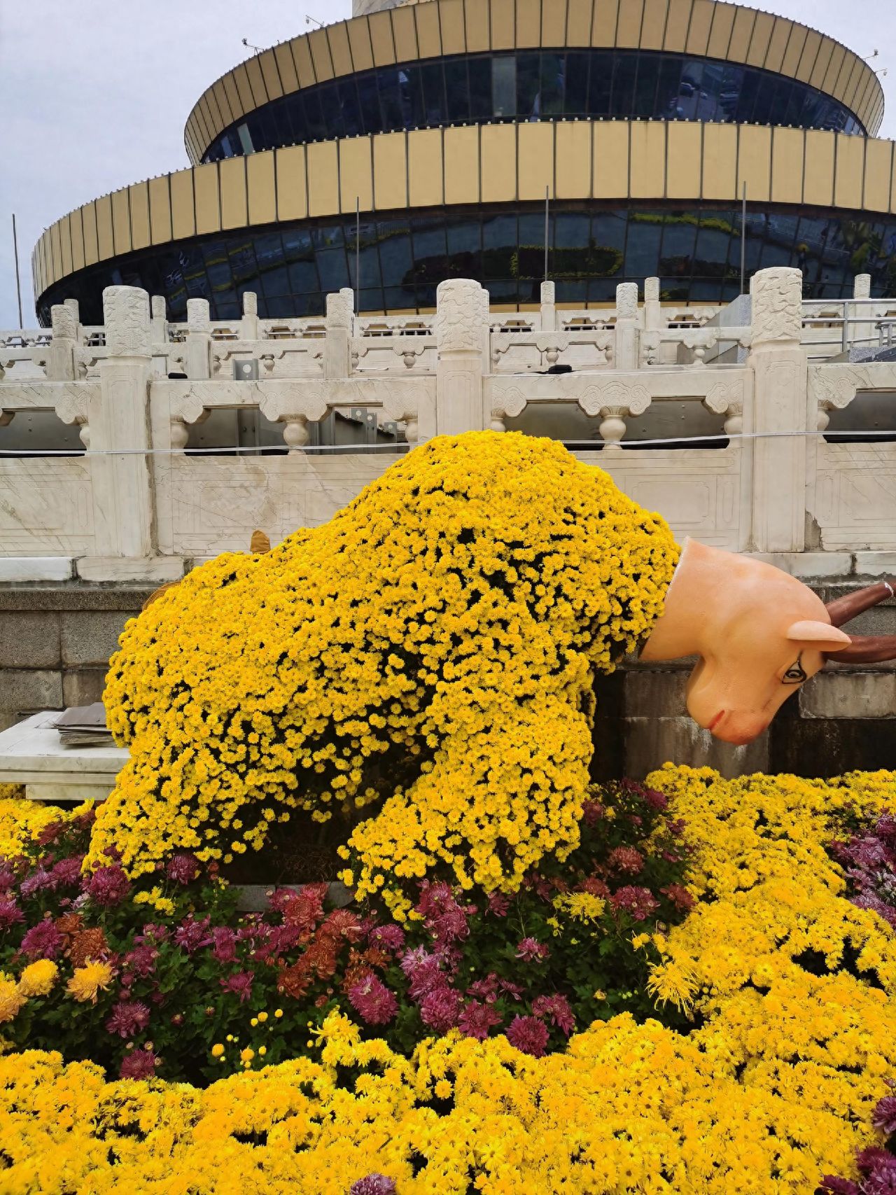Photo by Central TV Tower - The large yellow chrysanthemum cow installation in front of the TV tower.