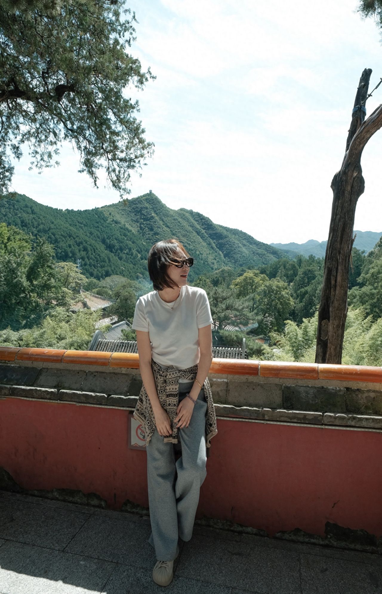 Photo by Take a photo with the red railing and mountain forest background at Tanzhe Temple.