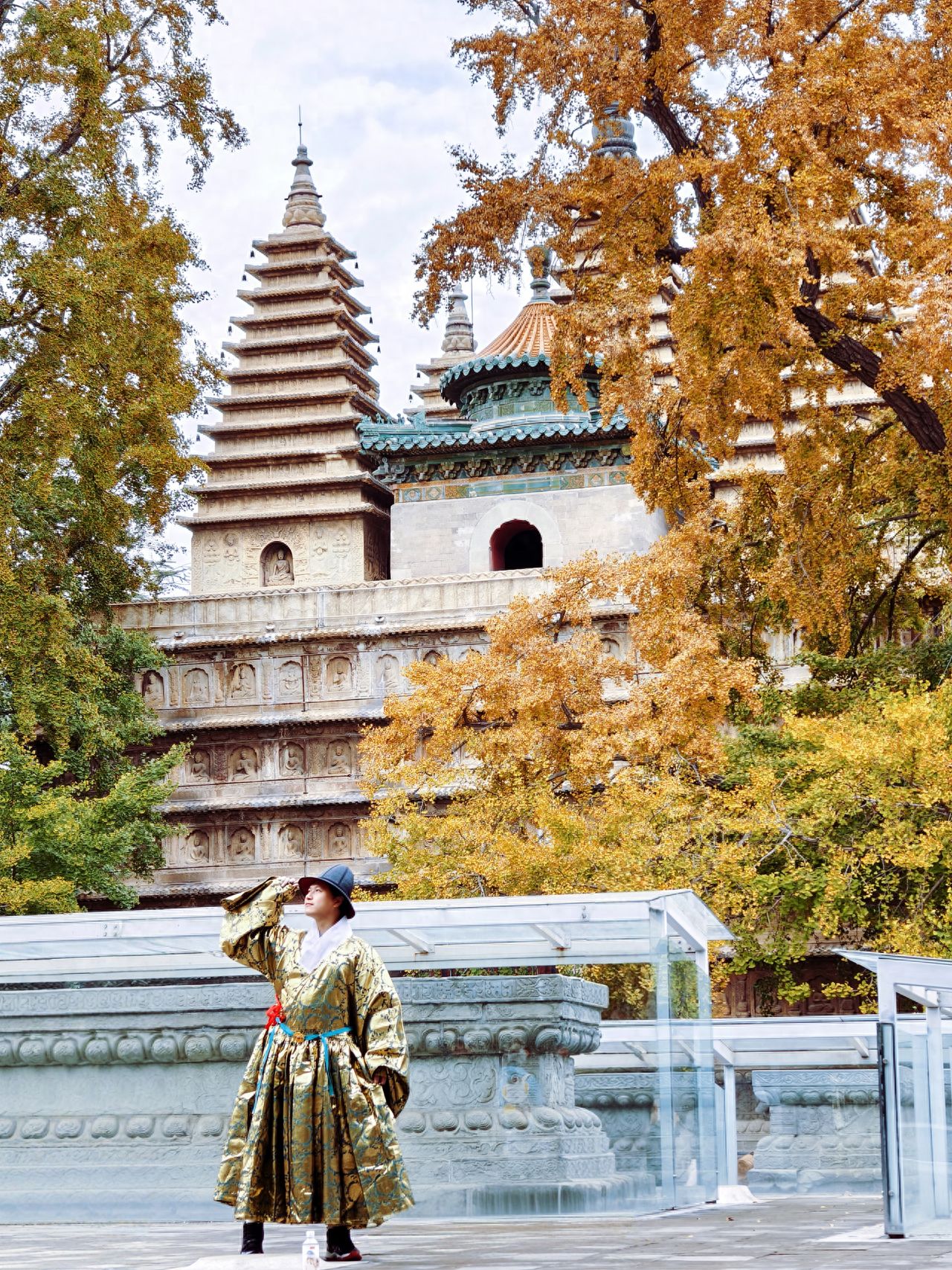 Photo by Beijing Five Pagoda Temple - Taking a photo with the tall pagoda by the glass railing.
