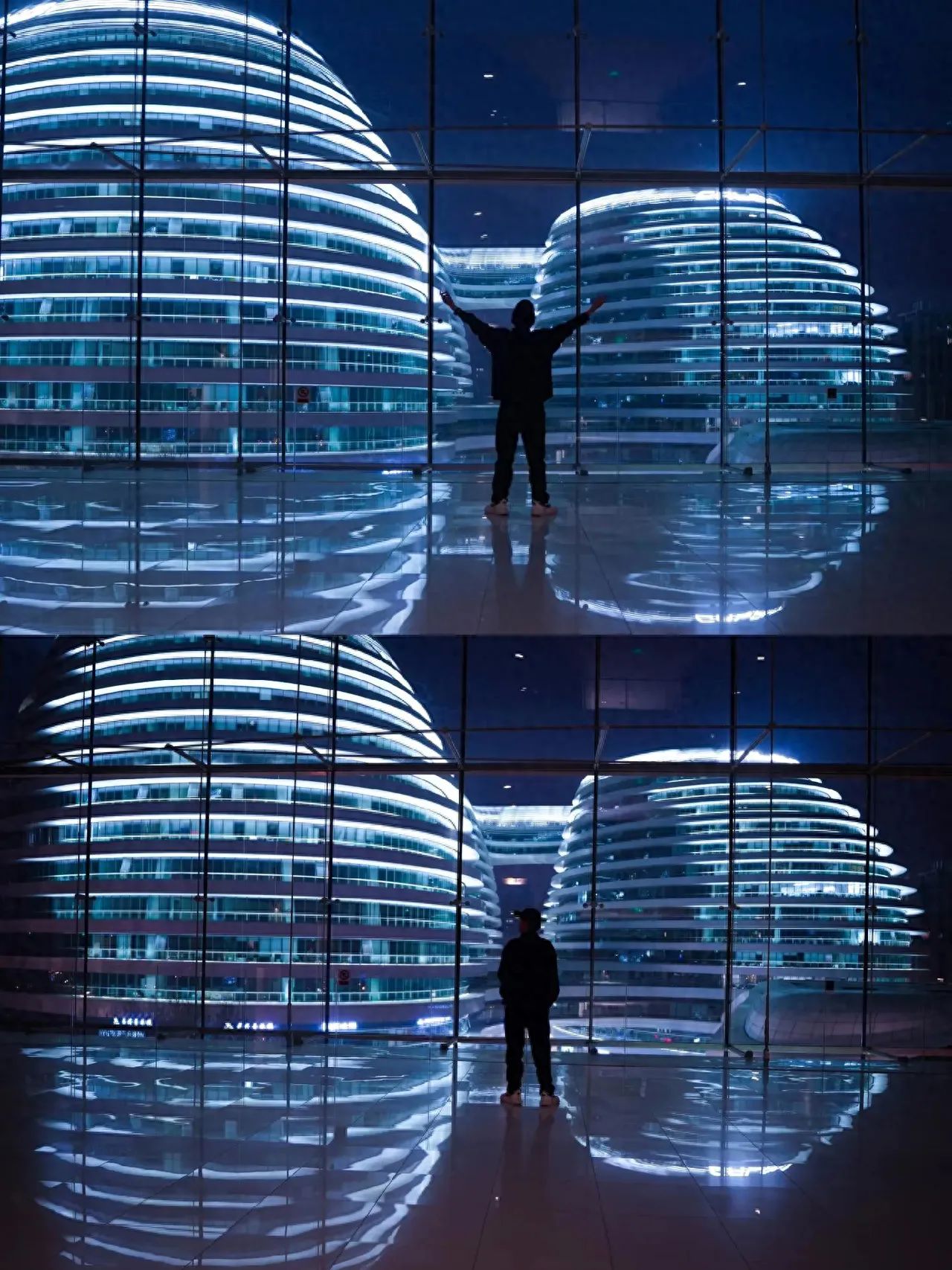 1. Perspective: The photographer is positioned on a smooth, reflective ground surface, capturing the scene from a low angle with a flat shot.
2. Composition technique: Symmetrical composition is utilized, leveraging the reflective effect of the ground to create a symmetrical image of the architecture and people above and below, enhancing the visual impact.
3. Lens application: A wide-angle lens is used to include a larger range of architecture and ground reflection areas, reinforcing the grandiosity and symmetrical effect of the buildings.
Travel advice: On weeknights, there are really few people, and I recommend that friends go in the afternoon when there are almost no crowds.