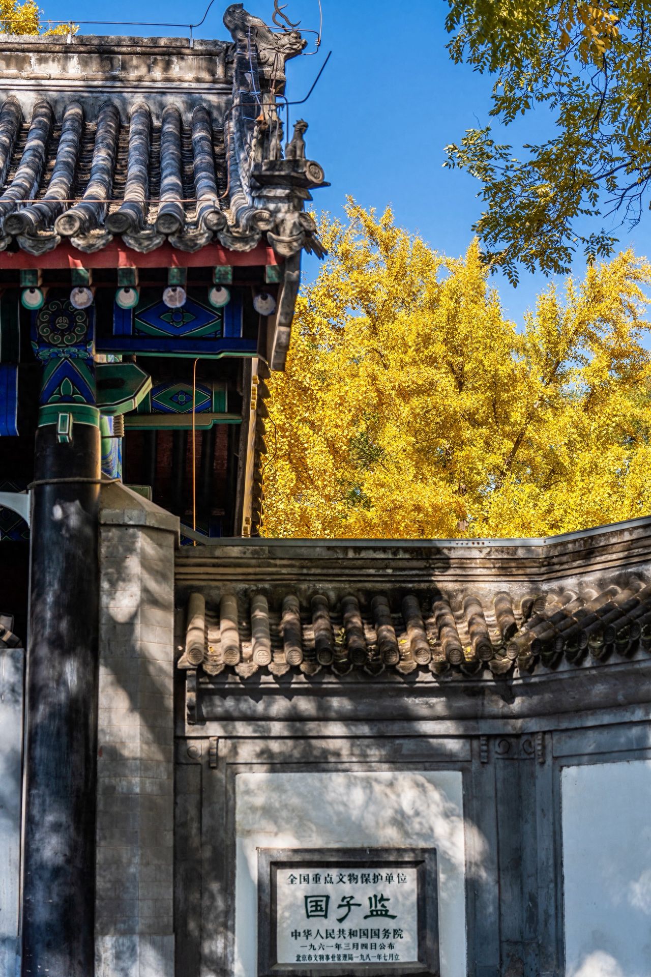 Photo by Beijing Imperial Academy - architectural walls, eaves, ginkgo trees, and stone tablets