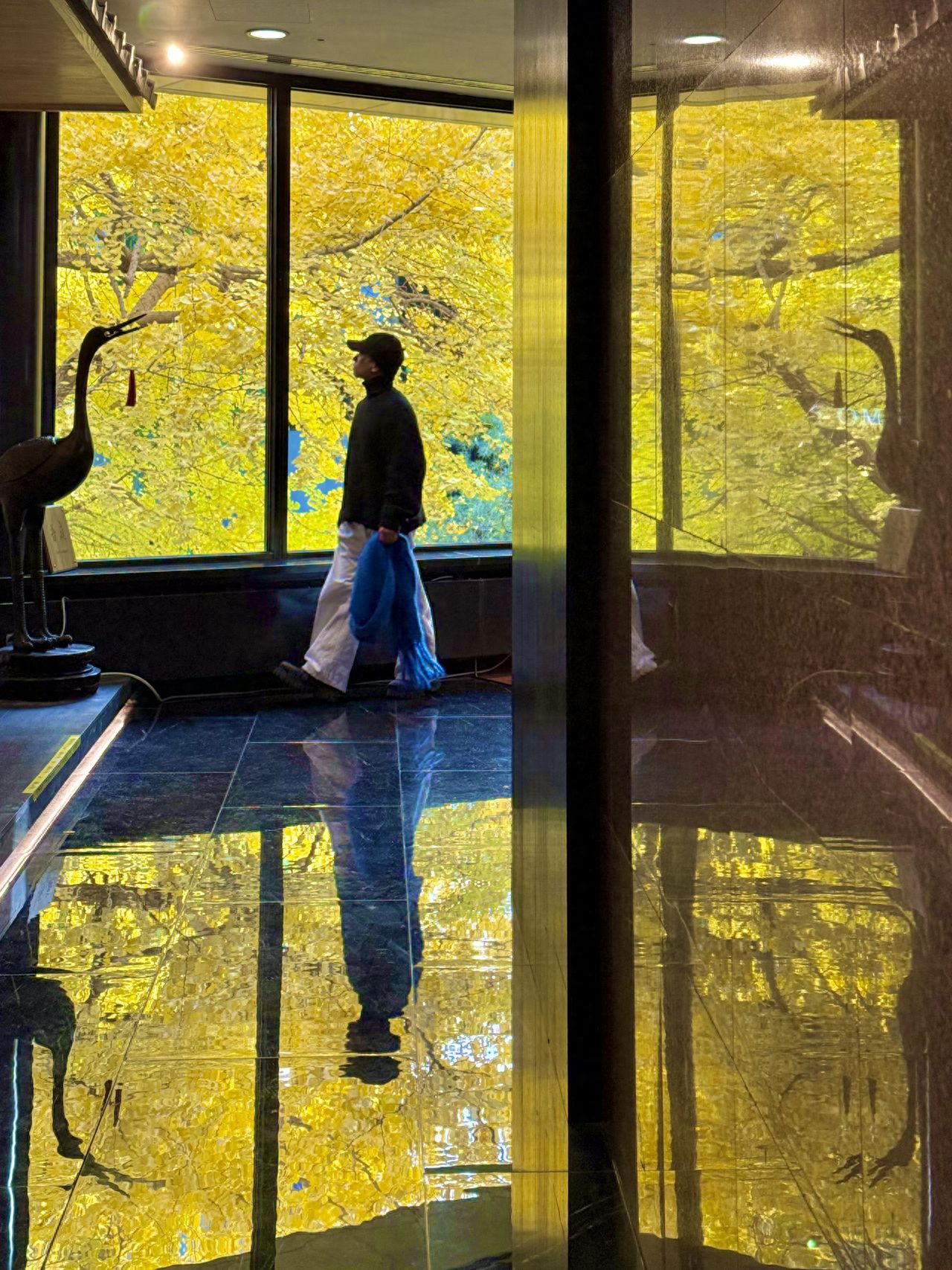 The model walks naturally by the window, with the photographer using a medium telephoto lens to capture the model, glass window, and ginkgo trees in the frame. A symmetrical composition method is employed, utilizing the ground reflection to present a symmetrical reflection of the ginkgo and the figure, enhancing the sense of depth in the image.

Outfit suggestion: Light-colored clothing is preferable.